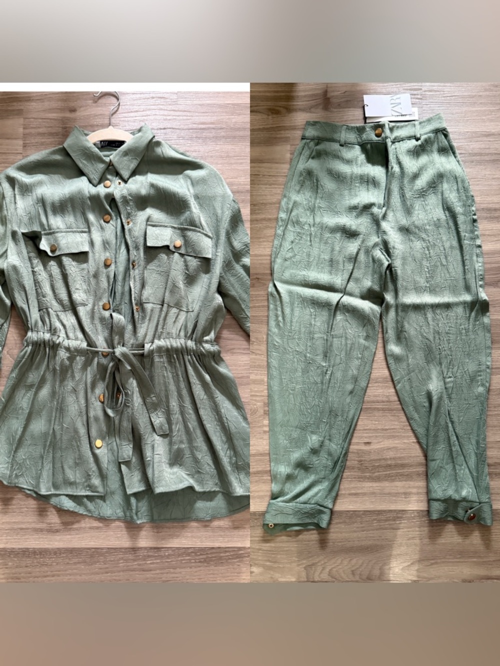 Zara Sage Green Utility Shirt & Trousers Set